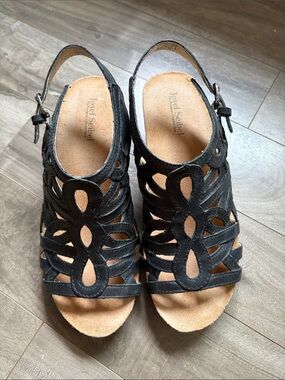 Josef Seibel Black Leather Floral Cutout Slingback Sandals size 36